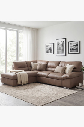 Valódi bőr sarokkanapé sand színű, jobb oldali, prémium minőségű